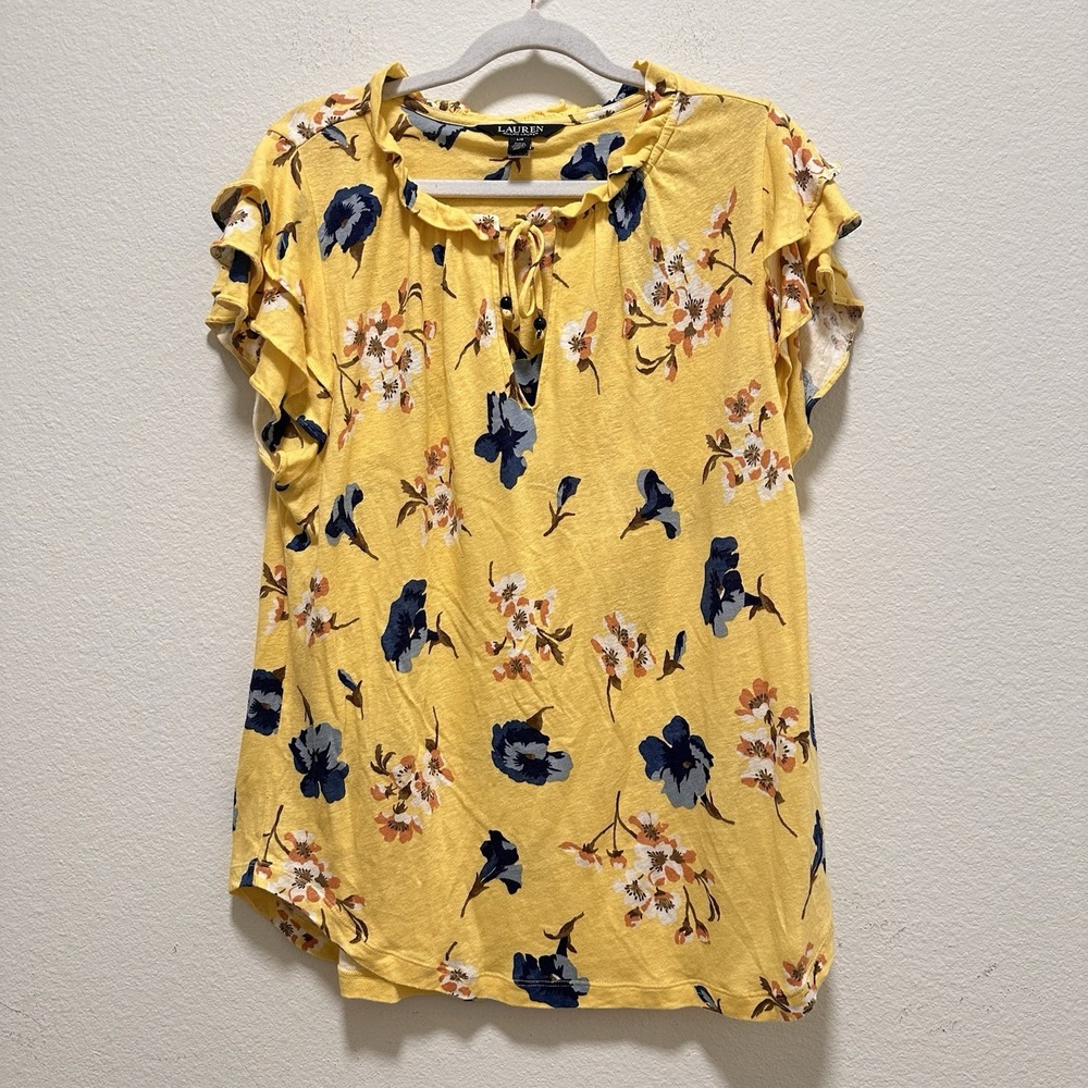 Lauren Ralph Lauren Top Womens Small Linen Blend‎ Floral Ruffle Sleeve Vacation